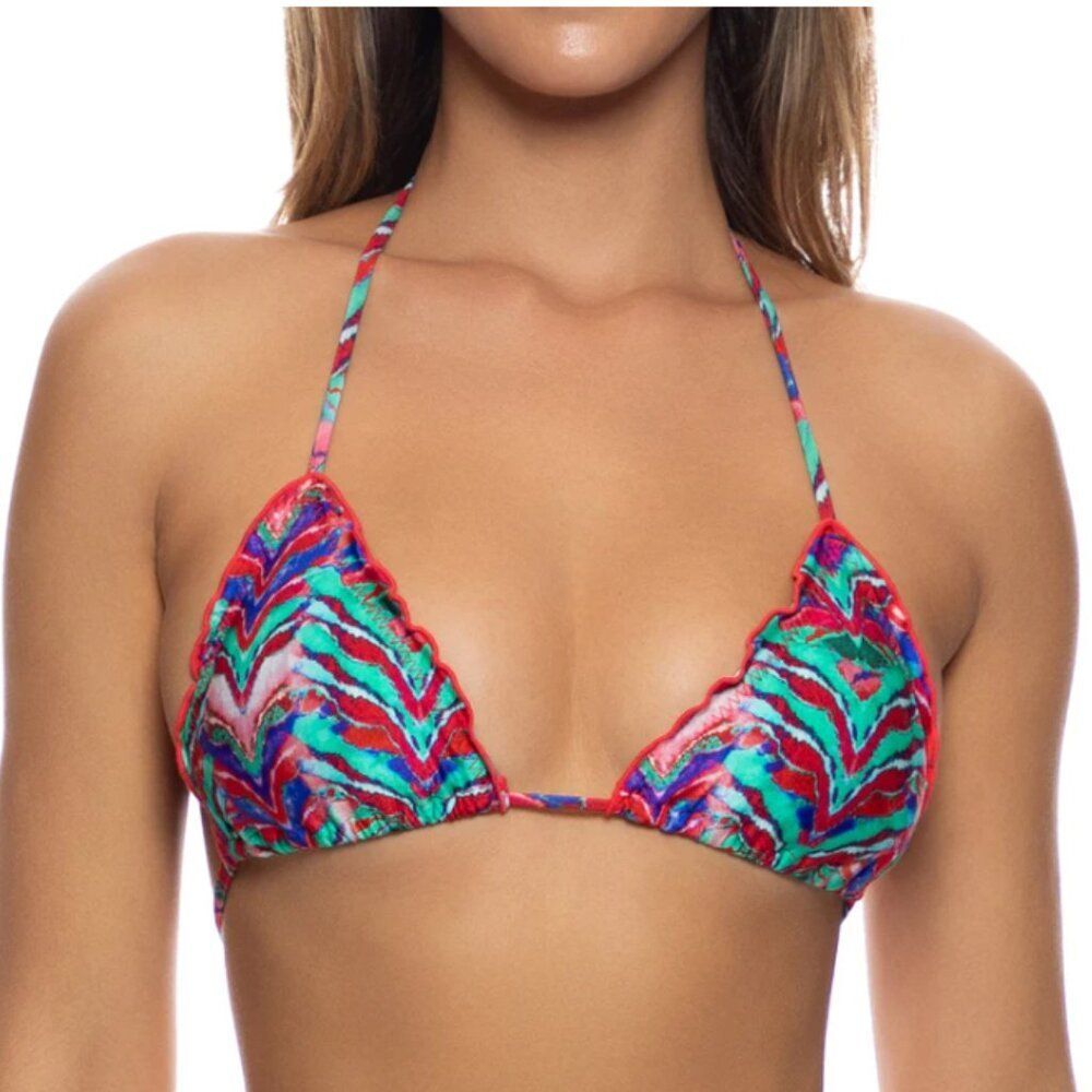 Luli fama Wavy Triangle Bikini Top in Besos De Sal (Green/Red/Blue) size L